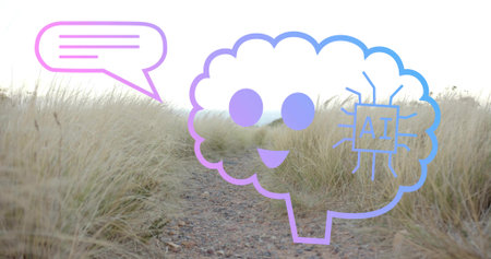 Hovering AI brain icon over gravel path amid tall dry grasses with pink speech-bubble chip symbol. Natural landscape, digital abstraction, innovation, outdoor scenery, technological symbolismの写真素材
