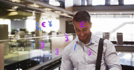 Walking businessman wearing button-up shirt on raised walkway in atrium, with currency overlays. Professional, urban, futuristic, corporate, technology, innovation, networkingの写真素材