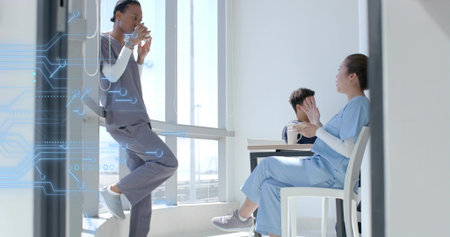 Leaning nurse in scrubs holding mug against railing by circuit-pattern window overlay, copy space....