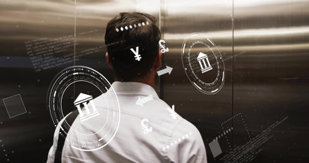 Standing man in white shirt bag at stainless steel elevator doors, with floating banking overlays....