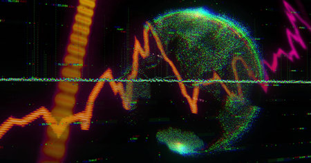 Displaying pixelated 3D globe in glitch-art HUD, with orange waveform graph and dotted data axis. Digital, data, visualization, futuristic, technology, analytics, interfaceの写真素材
