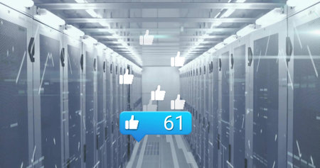 Floating blue notification bubble showing 61 thumbs-up above server racks in data center corridor....