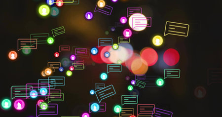 Floating neon speech bubbles with user icons drifting over blurred light circles in digital overlay....