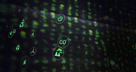 Floating cluster of green circular icons drifting across computer dashboard, showing energy data. Technology, data, innovation, sustainability, analytics, digital, interfaceの写真素材