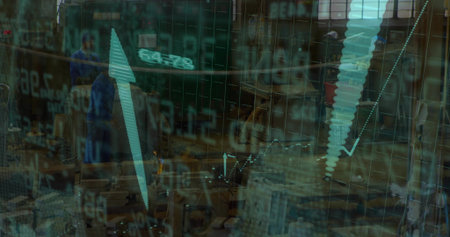 Digital financial chart overlaying technicians in coveralls inspecting parts in factory, with gear....