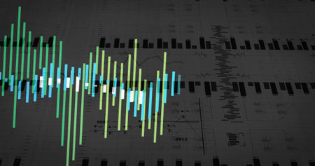 Displaying colored bars forming waveform on grid background, with line traces and numeric labels....