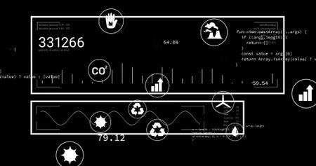 Displaying dashboard UI panels on black screen, with numeric metrics, code snippets and icons. Futuristic, technology, analytics, interface, infographics, data visualization, ux designの写真素材
