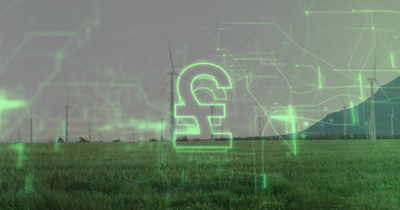Neon-green pound symbol hovering in rural wind farm grass, with turbines and network overlay. Futuristic, renewable, digital, sustainable, technology, financial, landscapeの写真素材