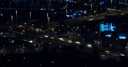 Snaking overpass carrying moving vehicles with light trails in city at night, with neon signage....