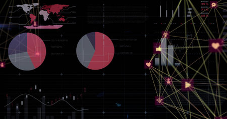 Displaying UI showing world map, pie charts, candlestick chart, bars and network nodes, copy space....