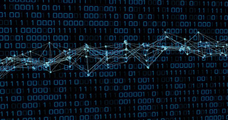 Displaying network lines linking glowing nodes across dark code backdrop, with binary digits....