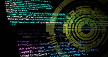 Glowing circular HUD overlaying dark code screen with color-coded syntax lines, copy space. Cyber, technology, digital, interface, futuristic, data, innovationの写真素材