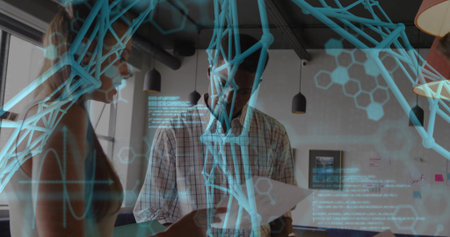 Three coworkers reviewing documents at glass partition in coworking hub, with AR network graphics. Collaboration, innovation, technology, digital, futuristic, workspace, communicationの写真素材