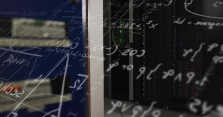 Displaying server racks inside server room corridor, with blinking LEDs, shelving unit, floor cable. Technology, data center, cybersecurity, network infrastructure, industrial, modern, digitalの写真素材