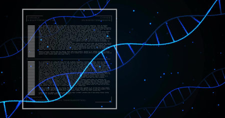 Glowing blue DNA helix spanning interface, showing white panel with code, charts, variable labels....