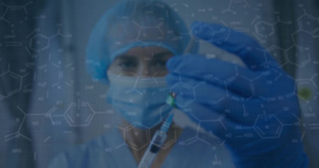 Holding medical researcher wearing scrubs mask gloves preparing syringe in lab, molecular overlay....