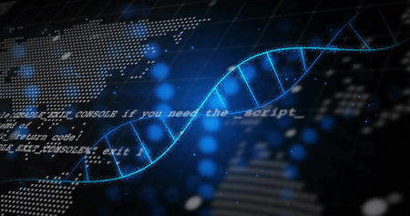 Floating glowing blue DNA double helix in digital environment, with world map nodes, scrolling code. Biotechnology, connectivity, innovation, cyber, futuristic, digital, scienceの写真素材