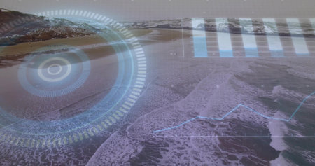 Crashing ocean waves reaching sandy beach, with snow-dusted mountains and HUD overlays. Seascape, futurism, technology, simulation, tranquility, exploration, adventureの写真素材