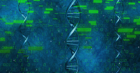 Displaying central DNA double helix rotating amid teal-blue data realm, with floating binary digits. Futuristic, biotechnology, digital, abstract, innovation, science, technologyの写真素材