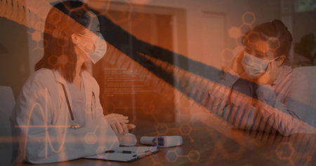 Consulting Korean doctor wearing medical gear at clinic desk with patient holding head and overlays. Medical, healthcare, technology, professionalism, analysis, diagnostics, clinicalの写真素材