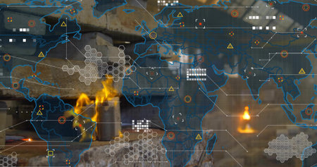 Blue world map overlay hovering above forge hearth in workshop, with hex grids and warning icons. Technology, data visualization, futuristic, cybersecurity, innovation, digital interface, industrial designの写真素材