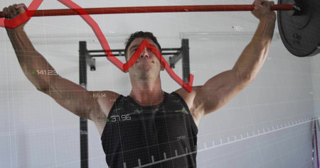 Man lifting barbell overhead in gym with weight plates, digital grid, red trend line, data labels....