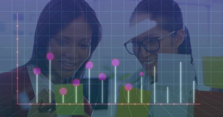 Colleagues wearing business attire arranging notes on glass board in office, with 3D data overlay. Collaboration, brainstorming, data visualization, modern workspace, productivity, teamwork, organizationalの写真素材