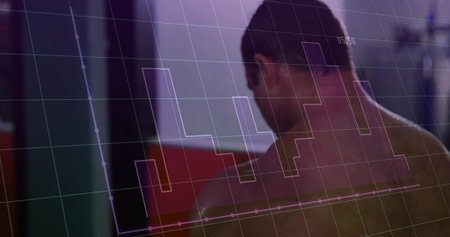 Standing bare torso male monitoring screen in control room with grid bar graph overlay, copy space. Futuristic, technology, analysis, innovation, digital, data, interfaceの写真素材