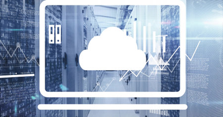 Displaying white laptop outline showing cloud icon over data center with racks and code overlays....