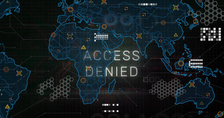 Displaying ACCESS DENIED overlay on cyber interface map grid, with hex clusters and warning icons. Cybersecurity, data visualization, digital interface, network security, technology, futuristic, abstractの写真素材