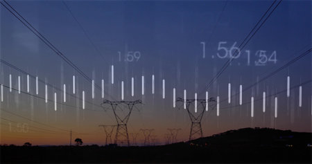 Displaying steel transmission towers crossing rural landscape at dusk, showing digital data overlay. Infrastructure, energy, technology, connectivity, monitoring, automation, landscapeの写真素材
