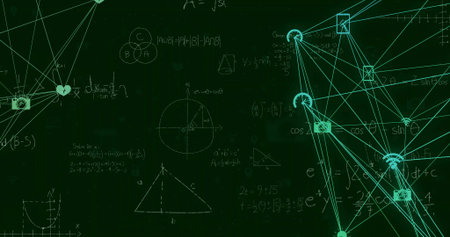 Combining chalkboard formulas and network visuals on green background with device icons, copy space....