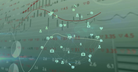 Displaying user icon network on dashboard, showing hearts crosses pill molecules with line graphs....