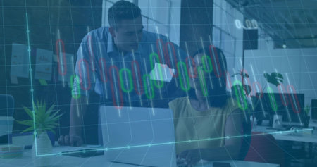 Leaning workers wearing business attire analyzing data on laptop in office, with chart overlay....