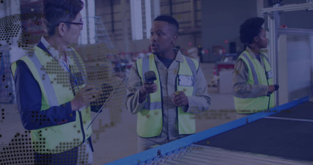 Directing African American staff member holding scanner inside warehouse, with conveyor belt....