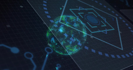 Floating 3D sphere with triangular facets over digital circuit plane emitting particles. Futuristic,...