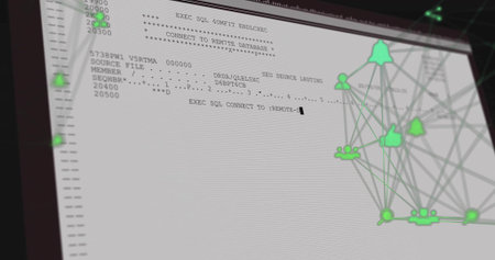 Displaying screen showing SQL code at desk, with green user and thumbs-up icons network overlay....