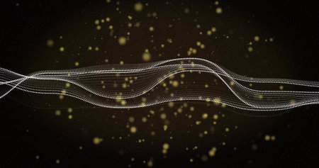 Flowing layered white dotted wave lines spanning dark field, with golden bokeh particles. Abstract,...