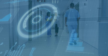 Assisting scrub-clad nurse guiding senior patient down hospital corridor, with digital HUD graphics. Healthcare, medical, futuristic, assistance, professionalism, diagnostics, clinicalの写真素材