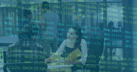 Colleagues discussing stock forecasts at high-top table in office lounge, ticker overlay. Collaboration, teamwork, business, finance, modern, professional, discussionの写真素材