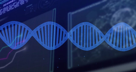Spanning blue DNA helix on lab UI, with line graphs or alphanumeric readouts or data panels or globe shape. Biotechnology, data visualization, scientific research, digital interface, futuristic, analytics, healthtechの写真素材