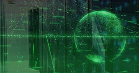 Displaying green globe hologram floating over dark grid interface with numeric readouts, copy space....