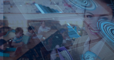 Smiling educator holding folders at classroom right, children using tablets with charts, copy space. Education, technology, learning, digital, classroom, innovation, collaborationの写真素材