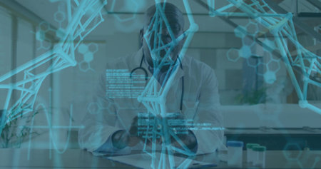 Doctor wearing white lab coat tapping smartphone screen in medical office, with DNA helix graphic. Medical, research, technology, healthcare, innovation, professional, laboratoryの写真素材