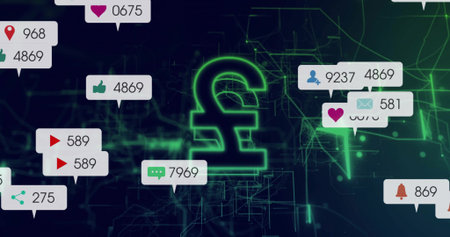 Glowing neon pound sterling symbol hovering center above fintech grid, with floating alert bubbles. Cryptocurrency, digital finance, neon, futuristic, connectivity, technology, innovationの写真素材
