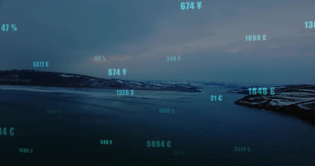 Displaying calm fjord waters reflecting snow-dusted hills at dawn. Waterscape, digital overlay, natural landscape, dusk, cold climate, technologyの写真素材