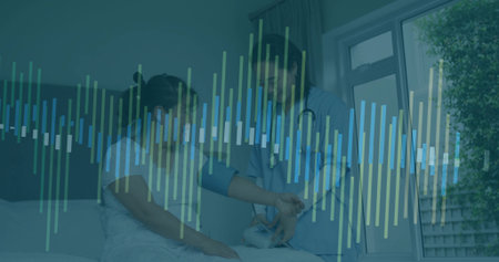 Applying blood pressure cuff by doctor in scrubs on patient in gown in exam room. Healthcare, medical, professionalism, calm, diagnostics, clinical, wellnessの写真素材