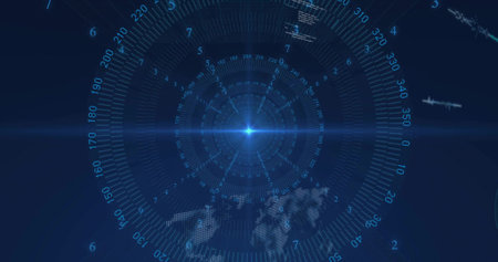 Displaying central glowing blue point pulsing on radar interface, with numeric rings, data readouts....