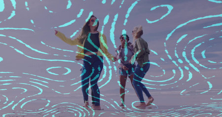 Dancing trio of women on salt flat, turquoise swirl, windbreaker jacket, denim jacket, sunglasses. Kinetic, liberation, vibrancy, abstraction, harmony, outdoor, adventureの写真素材