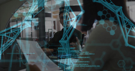 Reviewing molecular data on display, man collaborating in glass-walled conference room with laptop. Technology, innovation, biotechnology, scientific, teamwork, corporate, futuristicの写真素材